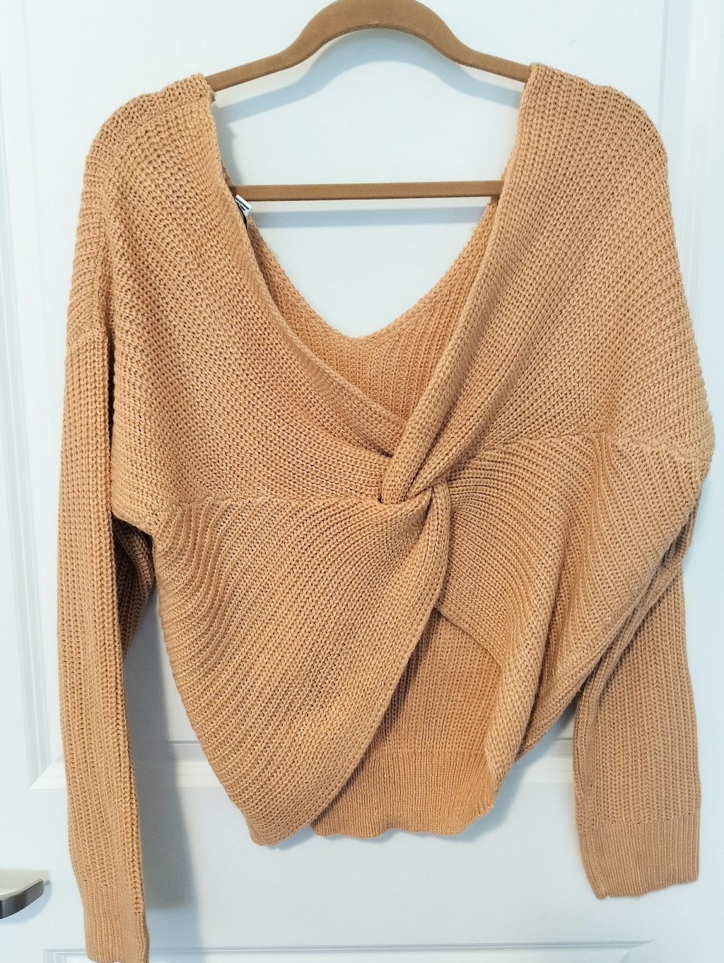 Fashion Nova Women's L Twist-Front V-Neck Sweater - Camel